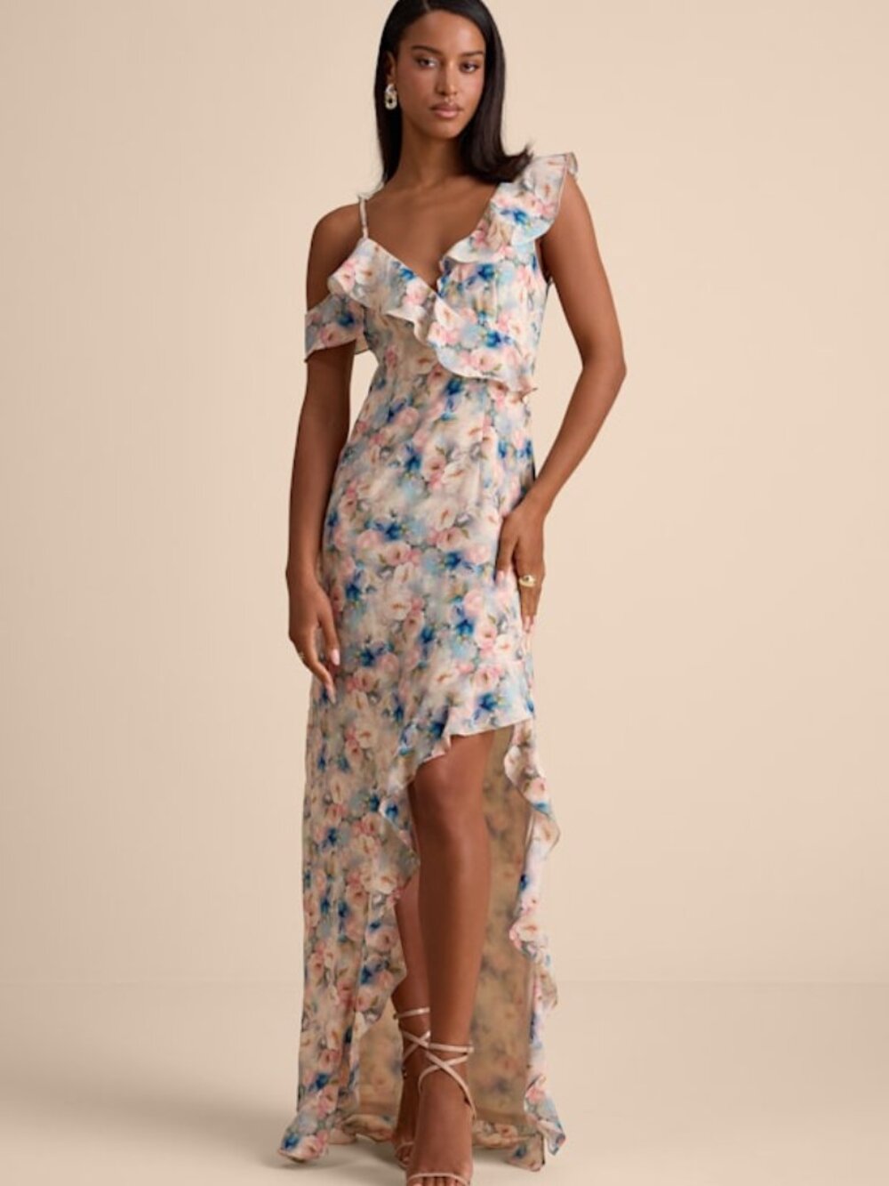 Lulus Venecia Blush Floral Ruffled Asymmetrical Maxi Dress Pink - Size S